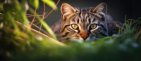 Poster - A closeup portrait photography of a wild cat with a copy space image