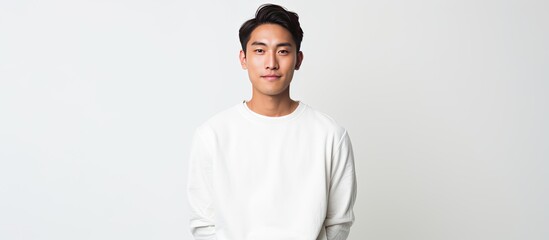 Poster - Young Asian man posing in a studio with a white background The image offers ample copy space