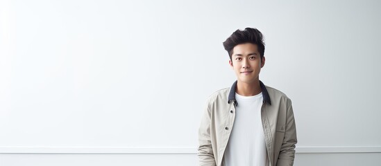 Poster - Young Asian man posing in a studio with a white background The image offers ample copy space