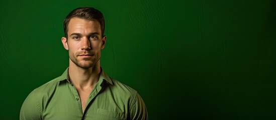 Poster - A man in a green shirt poses in a studio with a copy space image of a brown background