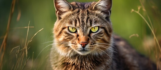 Wall Mural - A closeup portrait photography of a wild cat with a copy space image