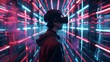 © sungedi - young emotional people on multicolored background in neon light. Concept of human emotions, facial expression, sales. Smiling, playing videogames with VR-headset, modern