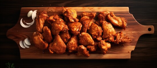 Aufkleber - Ready to fry chicken thigh pieces arranged on a cutting board creating a copy space image