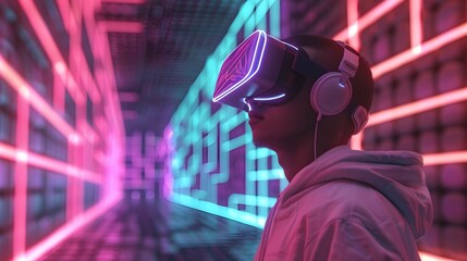 Wall Mural -  young emotional people on multicolored background in neon light. Concept of human emotions, facial expression, sales. Smiling, playing videogames with VR-headset, modern