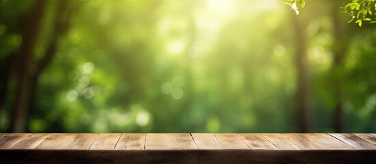 Aufkleber - a rustic wooden plank blending into the lush green forest with a soft background of light bokeh and 