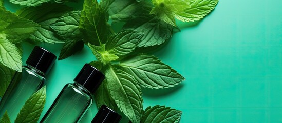 Poster - Top view of men s cosmetic bottles with mint leaves on a colorful background creating a visually appealing copy space image
