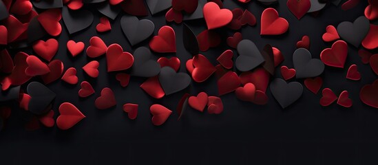 Sticker - A romantic Valentine s Day backdrop featuring isolated red hearts on a black background The hearts create a love symbol providing copy space for adding text The image is captured from a top down pers