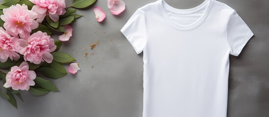 Canvas Print - A mockup of a white women s cotton t shirt with pink peony flowers on a gray concrete background The t shirt design template is showcased in a print presentation mock up captured from a top down pers