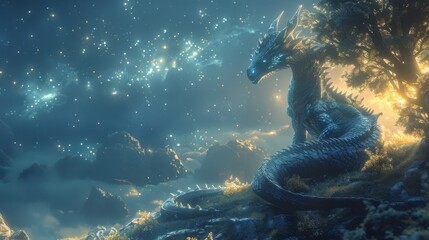 Dragon perched in a tree in a mystical forest, watching the stars