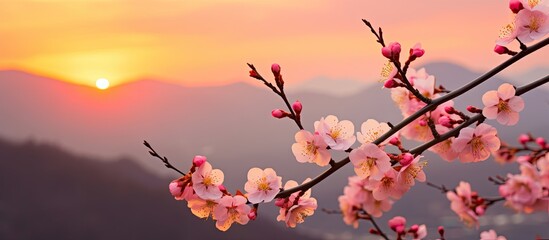 Poster - A beautiful sunset scene with peach blossoms in full bloom providing a picturesque copy space image