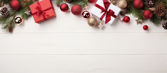 Poster - A festive Christmas scene with red gift boxes decorations and a white wooden background The flat layout is creatively composed offering a top down view with a border and space for additional images o