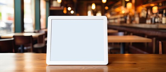 Poster - A black tablet with a white screen is placed on a wooden table providing an empty area for design This copy space image has a blank look