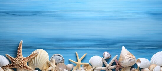 Poster - Seashells and starfishes arranged on a blue wooden background creating a visually appealing copy space image