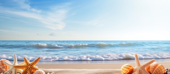 Poster - A serene summer sea backdrop adorned with starfish shells and a wooden surface provides an ideal copy space image