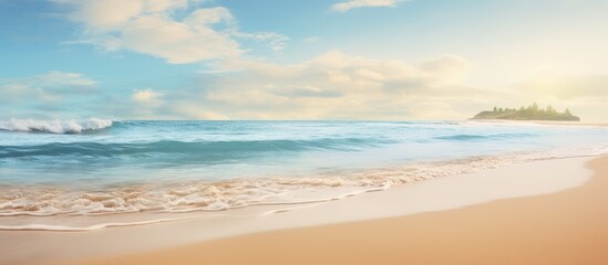 Poster - A serene beach scene with sandy shore and gentle waves creating a peaceful morning ambiance Perfect as a copy space image