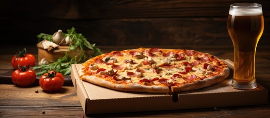Poster - A set of favorite food for men featuring Italian pizza in a cardboard box and light unfiltered beer on a wooden background can be seen in the copy space image