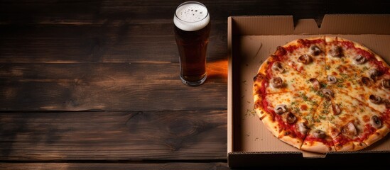 Poster - A set of favorite food for men featuring Italian pizza in a cardboard box and light unfiltered beer on a wooden background can be seen in the copy space image