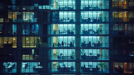 working during the evening in a glass business center office building with many glass-walled offices