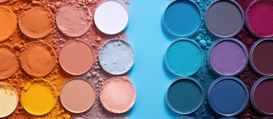 Poster - Colorful eye shadows arranged in a flat lay composition on a vibrant background providing ample copy space for text