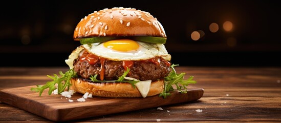 Sticker - A delicious egg burger showcased on a rustic wooden surface allowing for ample copy space in the image