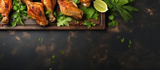 Poster - Top view of a light table showcasing a fresh marinade raw chicken drumsticks and lettuce with ample space for text in the image