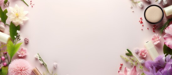 Poster - Top view of a frame showcasing an assortment of cosmetic accessories against a background providing ample copy space for customization