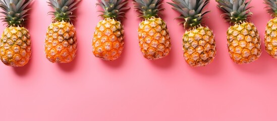 Aufkleber - A flat lay top view shows a pattern of sliced pineapples on a pink background in the copy space image