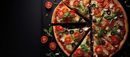 Wall Mural - A top view of a sliced pizza on a black background topped with mozzarella four cheese olives and arugula with copy space for a restaurant menu image