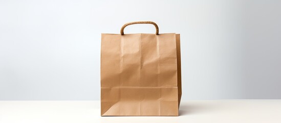 Poster - A solitary brown paper bag with empty space surrounding it set against a plain white background. Creative banner. Copyspace image