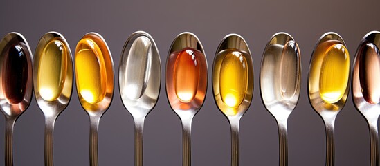 Aufkleber - A spoon with oil filled capsules including fish oil omega 3 omega 6 omega 9 vitamin A vitamin D vitamin D3 and vitamin E displayed in a close up copy space image
