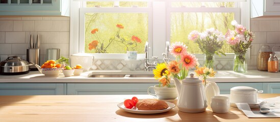 Poster - A spring day in a sunny kitchen with a table adorned with various items Copy space image