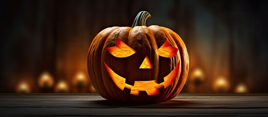 Sticker - A Halloween pumpkin with a spooky face carved on it creating a perfect copy space image for adding text or designs