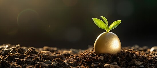 Poster - A sprout emerges from an eggshell on a stack of bitcoins representing the concept of financial growth through cryptocurrency investment Copy space image