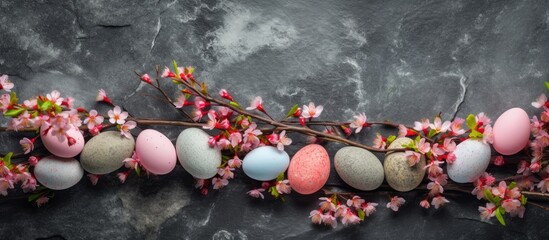 Aufkleber - A stone background with cherry blossom flowers and Easter eggs creating a beautiful image Good for border templates Easter greeting cards and holiday cards Copy space available