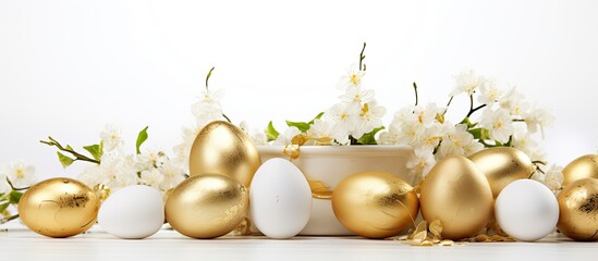 Poster - A stunning table arrangement showcasing golden Easter eggs against a pristine white backdrop perfect for adding a touch of elegance to any occasion copy space image
