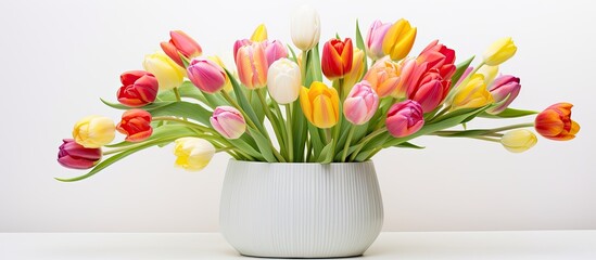 Poster - A stunning display of parrot style tulips arranged in a vase set against a white background The image captures the essence of spring holidays with ample copy space