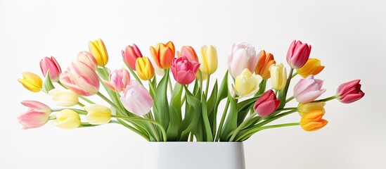 Poster - A stunning display of parrot style tulips arranged in a vase set against a white background The image captures the essence of spring holidays with ample copy space