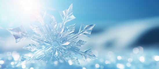 Fototapete - A stunning ice crystal sparkles in the sunlight set against a blue bokeh background It makes for the perfect Christmas greeting card with plenty of copy space for text