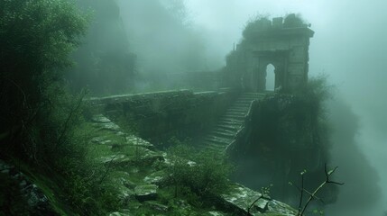 An ancient ruin on a misty mountain, with forgotten temples and overgrown paths. A mysterious fog envelops the scene, creating a sense of mystery and age. Resplendent.