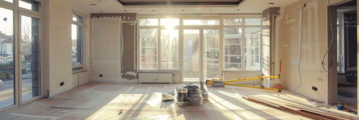 Aufkleber - A room being renovated with new wooden floors and windows, enhancing the space with a touch of natural warmth and brightness. Generative AI