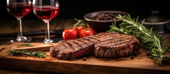 Poster - A succulent medium rare steak is beautifully displayed on a cutting board accompanied by a glass of red wine fresh rosemary and delightful spices. Creative banner. Copyspace image