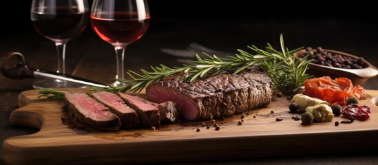 Poster - A succulent medium rare steak is beautifully displayed on a cutting board accompanied by a glass of red wine fresh rosemary and delightful spices. Creative banner. Copyspace image