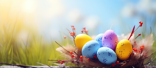 Aufkleber - A sunny spring day with colorful Easter eggs adorned with feathers copy space image
