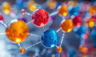 Poster - colorful spheres connected by wires forming molecular network structure on blurred glowing backgroun