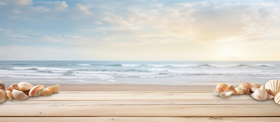 Leinwandbilder - A wooden surface with an ocean backdrop adorned with white seashells leaving a blank area for text or images. Creative banner. Copyspace image