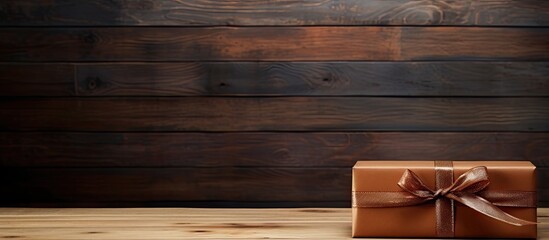 Poster - A wooden surface with a gift box placed on it providing ample copy space for images or text