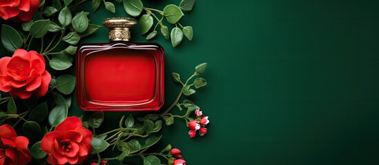 Poster - Top view of a red perfume bottle surrounded by plant branches and roses on a green background perfect for copy space image