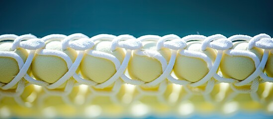 Poster - A closeup of a tennis net with white tape providing copy space for text