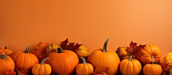 Poster - Fall themed background with pumpkins and maple leaves providing ample space for additional content Exemplifying the spirit of Halloween or Thanksgiving the image showcases pumpkins on an orange backd