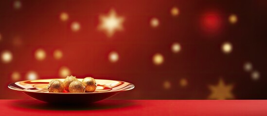 Poster - A Christmas themed copy space image featuring a red saucer adorned with numerous golden stars The saucer rests on a vibrant red background and is surrounded by pine branches presented in a flat lay s